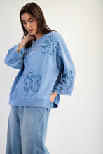 Load image into Gallery viewer, Easel Solid Color Terry Knit Raised Flower Patch Top in Denim