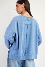 Load image into Gallery viewer, Easel Solid Color Terry Knit Raised Flower Patch Top in Denim