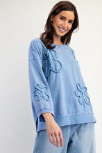 Load image into Gallery viewer, Easel Solid Color Terry Knit Raised Flower Patch Top in Denim