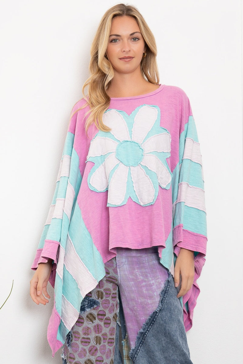 ジャケット・アウター 20471120 poncho top BlueVelvet OVERSIZED Stripe and Flower Patched Poncho Top in Pink