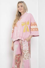 Load image into Gallery viewer, BlueVelvet Terry Knit Pullover Top with Contrasting Print Bow Patches and Stripes in Light Pink