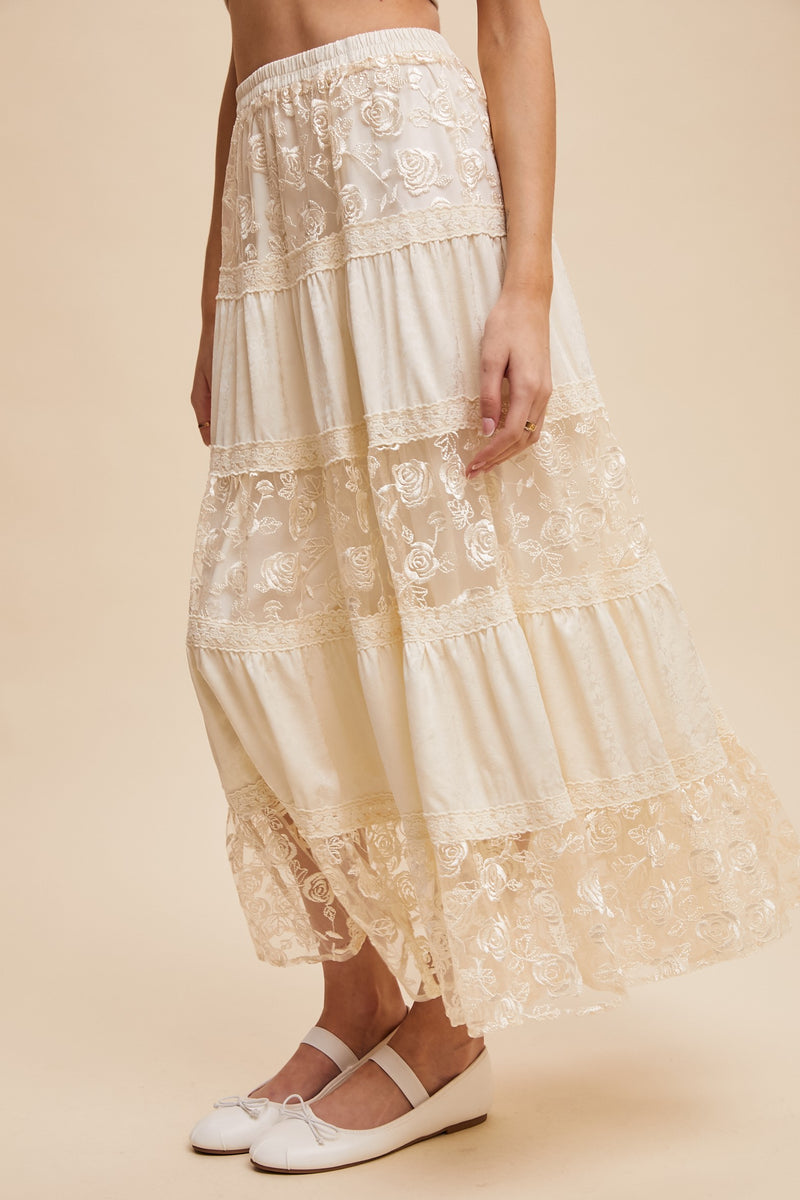Listicle Floral Embroidered Lace Maxi Skirt in Cream – June Adel
