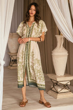 Load image into Gallery viewer, Skies are Blue Mixed Print Button Front Midi Dress in Cream-Olive