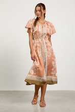 Load image into Gallery viewer, Skies are Blue Mixed Print Button Front Midi Dress in Terracotta-Cream