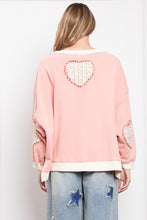 Load image into Gallery viewer, BlueVelvet OVERSIZED Terry Knit Sweater with Peace Sign Heart Patches in Coral Pink