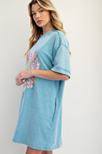 Load image into Gallery viewer, Easel Boho T-Shirt Dress with Mixed Print Sunflower Patch Front in Turquoise Blue