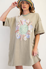 Load image into Gallery viewer, Easel Boho T-Shirt Dress with Mixed Print Sunflower Patch Front in Faded Sage