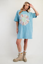 Load image into Gallery viewer, Easel Boho T-Shirt Dress with Mixed Print Sunflower Patch Front in Turquoise Blue