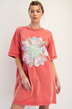 Load image into Gallery viewer, Easel Boho T-Shirt Dress with Mixed Print Sunflower Patch Front in Boho Red