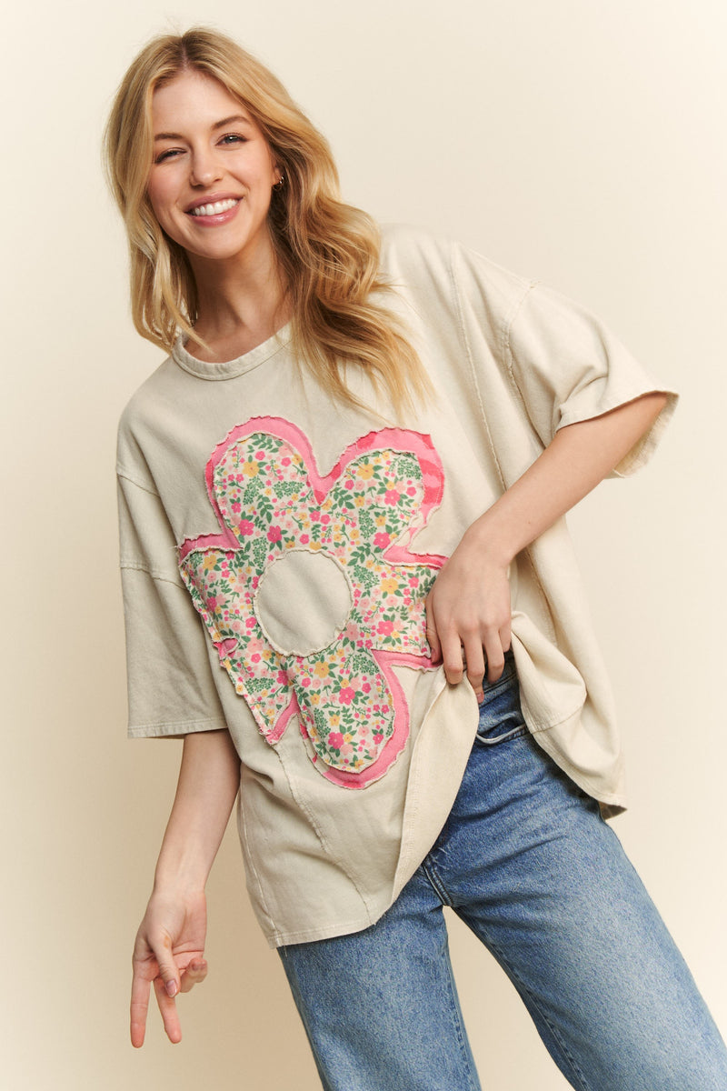 J.Her Mineral Washed Mixed Floral Flower Patch Top in Natural