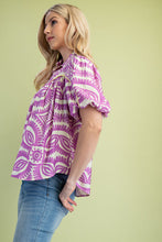 Load image into Gallery viewer, GiGio Printed Top with Contrasting Color Piping Details in Lavender