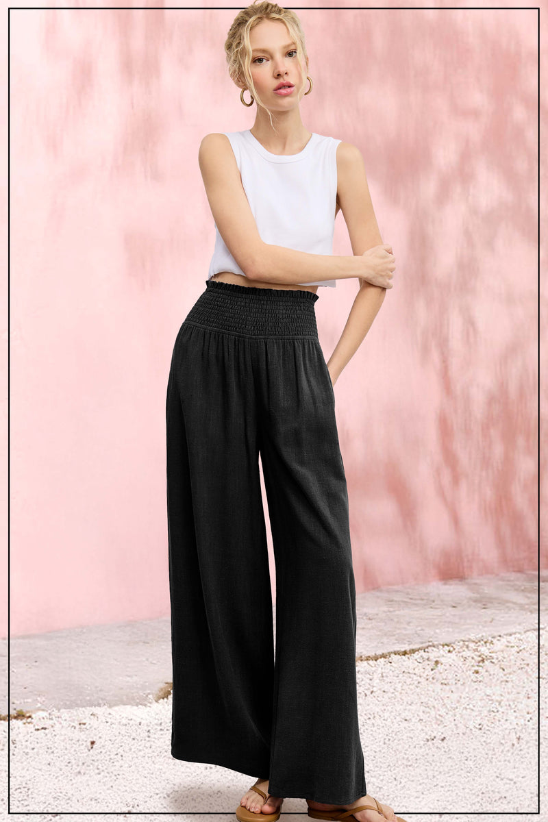 La Miel Linen Blend Smocked High Waist Pants in Black – June Adel