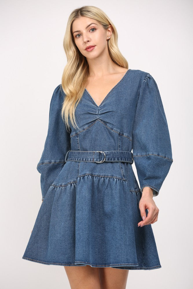 Fate Washed Denim Belted Mini Dress in Dark Denim S