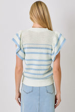 Load image into Gallery viewer, Mystree Fluttering Sleeve Crochet Sweater Top in Ivory/Powder Blue