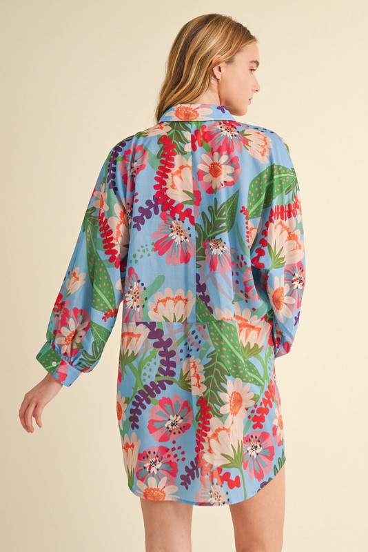 Jodifl Semi Sheer Chiffon Flower Print Dress in Turquoise M