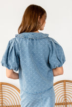 Load image into Gallery viewer, TRENDiLiTY Washed Denim Textured Bow Pattern Top in Denim