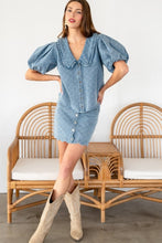 Load image into Gallery viewer, TRENDiLiTY Washed Denim Textured Bow Pattern Top in Denim