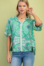 Load image into Gallery viewer, GiGio Medallion Print Top with Ric Rac Trim in Green Mix
