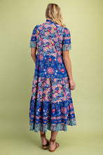 Load image into Gallery viewer, GiGio Mixed Print Tiered Midi Dress in Cobalt Mix