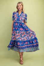 Load image into Gallery viewer, GiGio Mixed Print Tiered Midi Dress in Cobalt Mix