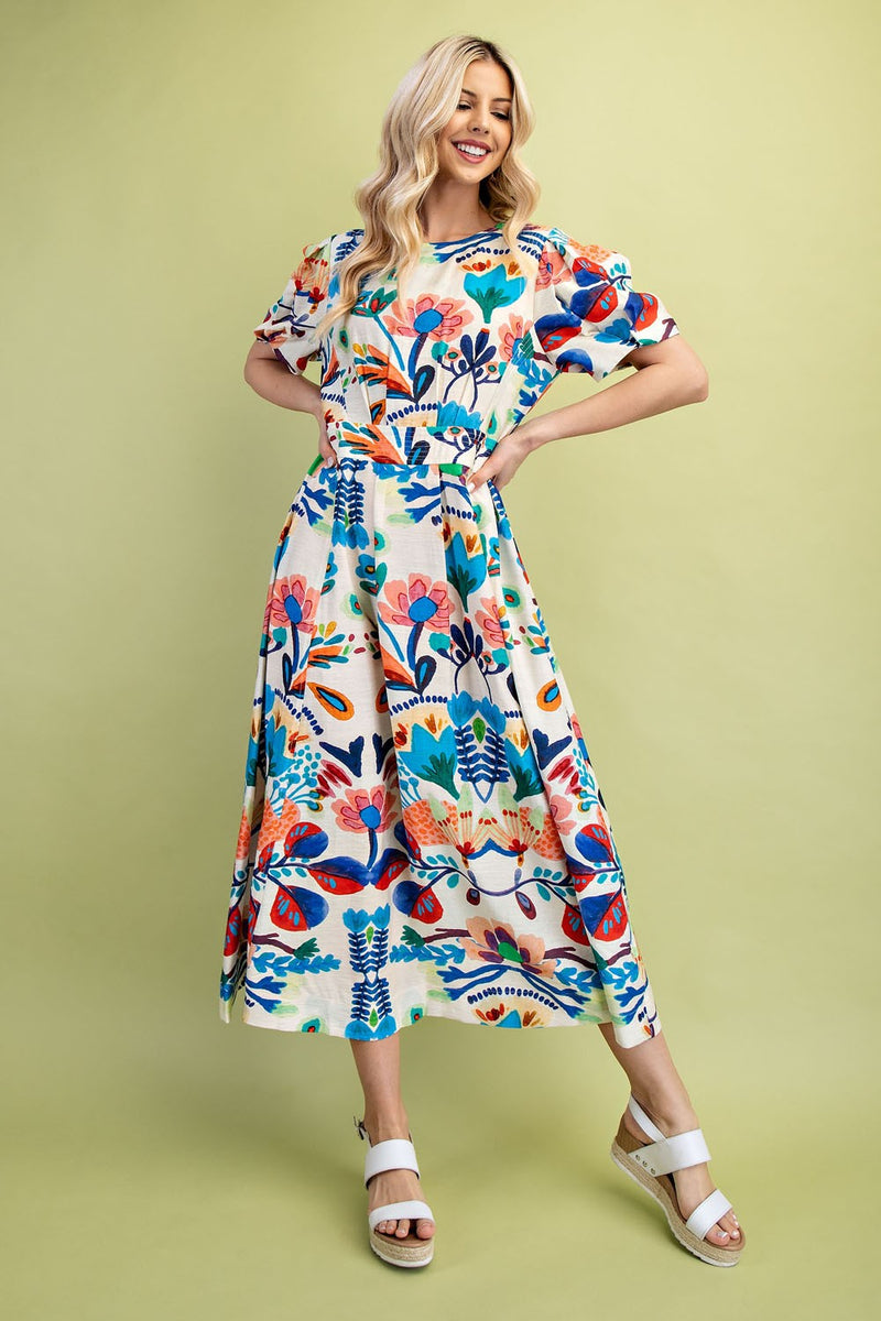 Gigio Bold Color Floral Print Midi Dress in Blue Multi S Gigio Bold Color Floral Print Midi Dress in Blue Multi S