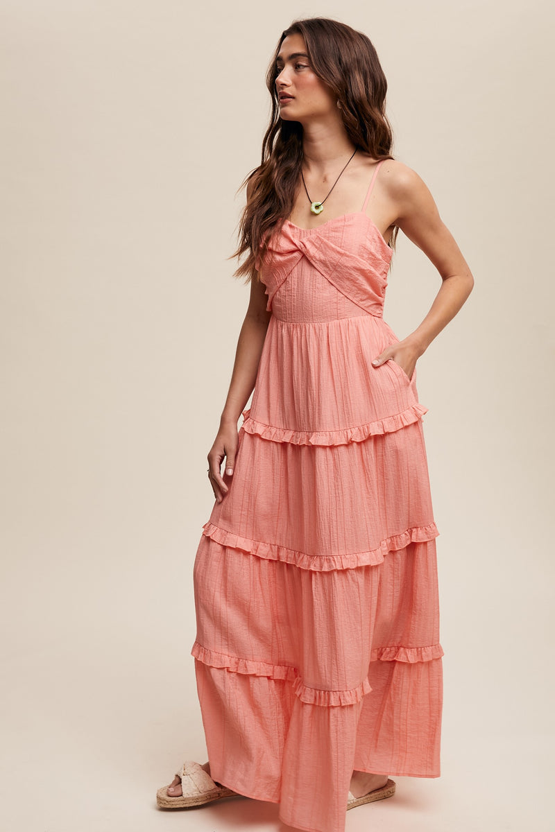 Coralie Sheer Pearl Hem Maxi Dress Peach