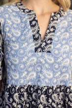 Load image into Gallery viewer, VOY Color Block Dress with Paisley Embroidery in Blue