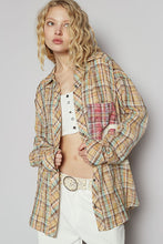 Load image into Gallery viewer, POL OVERSIZED Plaid Top with Peace Sign Patches in Tan Multi