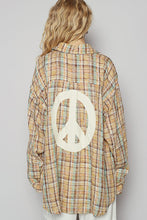 Load image into Gallery viewer, POL OVERSIZED Plaid Top with Peace Sign Patches in Tan Multi