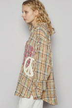 Load image into Gallery viewer, POL OVERSIZED Plaid Top with Peace Sign Patches in Tan Multi