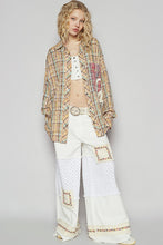 Load image into Gallery viewer, POL OVERSIZED Plaid Top with Peace Sign Patches in Tan Multi