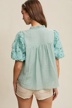 Load image into Gallery viewer, Listicle Solid Color Top with Shaggy Fringe and Puff Sleeves in Aqua Mint