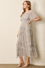 Load image into Gallery viewer, Polgram Sheer Ruffled Tulle Maxi Dress in Grey