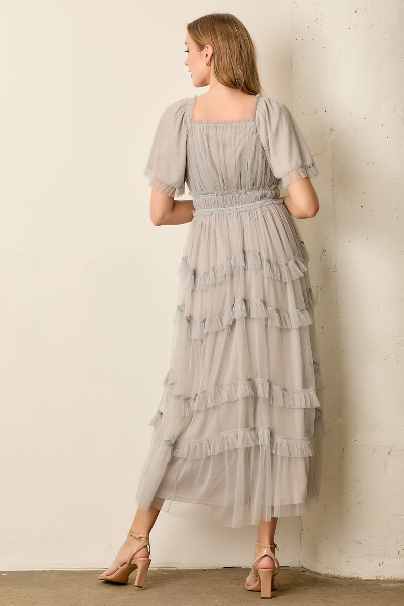 Polagram Sheer Ruffled Tulle Maxi Dress in Grey S