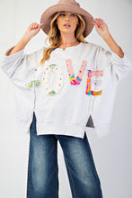 Load image into Gallery viewer, Easel OVERSIZED Top with Mixed Print LOVE Letter Patch Front in Light Heather Grey