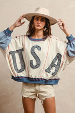 Load image into Gallery viewer, BiBi OVERSIZED Color Block Top with USA Denim Patches in Oatmeal/Denim