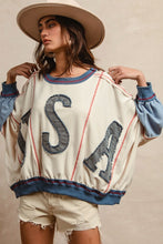 Load image into Gallery viewer, BiBi OVERSIZED Color Block Top with USA Denim Patches in Oatmeal/Denim