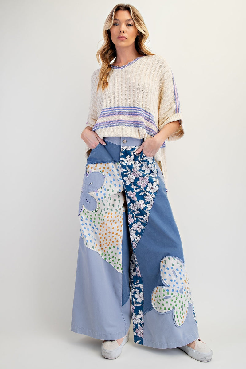 Easel Mix n Match Flower Patched Woven Pants in Denim – June Adel