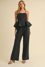 Load image into Gallery viewer, Klesis Solid Color Linen Blend Peplum Top and Pants Set in Black