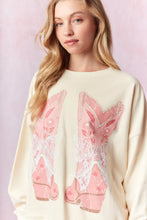 Load image into Gallery viewer, Peach Love Sweatshirt with Graphic Print Boot and Lace Bow in Cream
