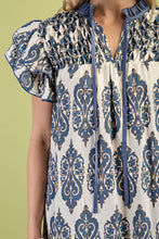 Load image into Gallery viewer, GiGio Mixed Print Mini Dress with Smocked Details in Slate Blue Mix