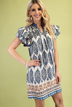 Load image into Gallery viewer, GiGio Mixed Print Mini Dress with Smocked Details in Slate Blue Mix