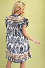 Load image into Gallery viewer, GiGio Mixed Print Mini Dress with Smocked Details in Slate Blue Mix
