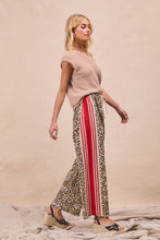 Load image into Gallery viewer, BiBi Leopard Pants with Contrasting Stripe Print Sides in Leopard/Crimson ON ORDER