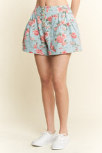 Load image into Gallery viewer, Jade By Jane High Waisted Floral Print Denim Pleated Shorts in Light Denim