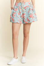 Load image into Gallery viewer, Jade By Jane High Waisted Floral Print Denim Pleated Shorts in Light Denim