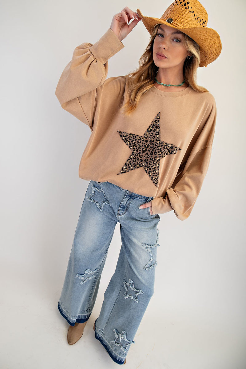 Easel OVERSIZED Leopard Print Star Patch with Studs Top in Camel