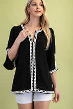 Load image into Gallery viewer, GiGio Solid Color Linen Blend Top with Trim Details in Black