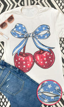 Load image into Gallery viewer, Sugar Stitch Cherry Bow Patriotic Graphic T-Shirt with Rhinestones in Natural