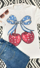 Load image into Gallery viewer, Sugar Stitch Cherry Bow Patriotic Graphic T-Shirt with Rhinestones in Natural